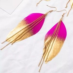 Boho Gold Dust Double Color Exotic Feather Dangle Tassel Earrings, Pink & Gold
